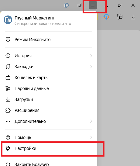 Меню Яндекс.Браузера: выделен пункт Настройки